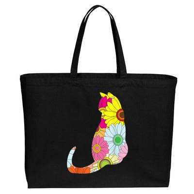 Cute Flower Power Hippie Cat Silhouette Cotton Canvas Jumbo Tote