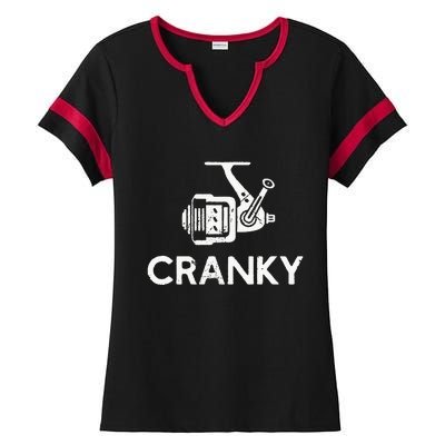 Cranky Fishing Reel Pun Humor Fishermen Ladies Halftime Notch Neck Tee