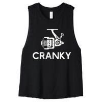 Cranky Fishing Reel Pun Humor Fishermen Women's Racerback Cropped Tank