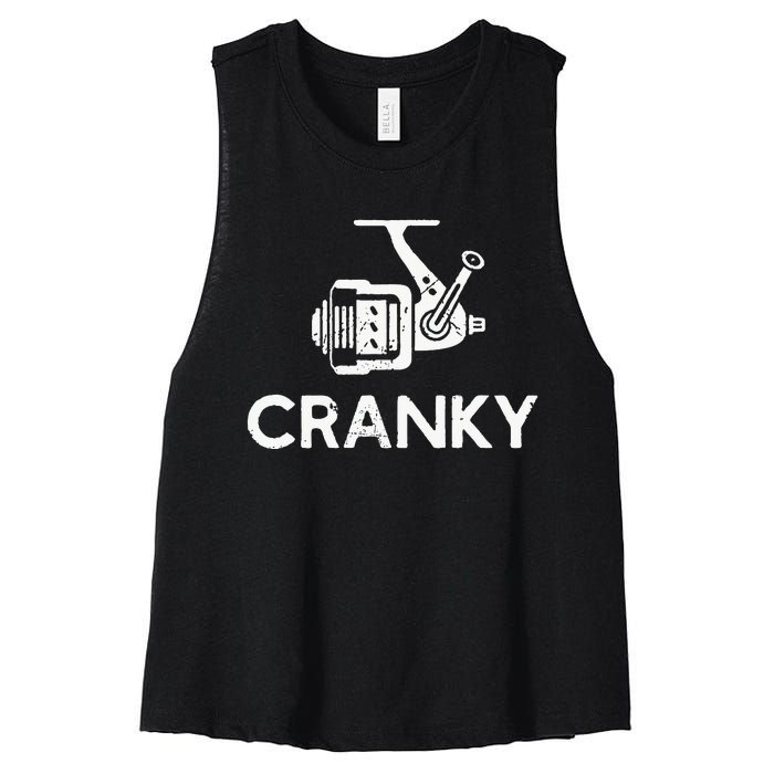 Cranky Fishing Reel Pun Humor Fishermen Women's Racerback Cropped Tank