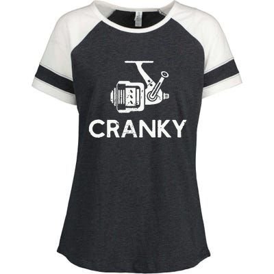 Cranky Fishing Reel Pun Humor Fishermen Enza Ladies Jersey Colorblock Tee