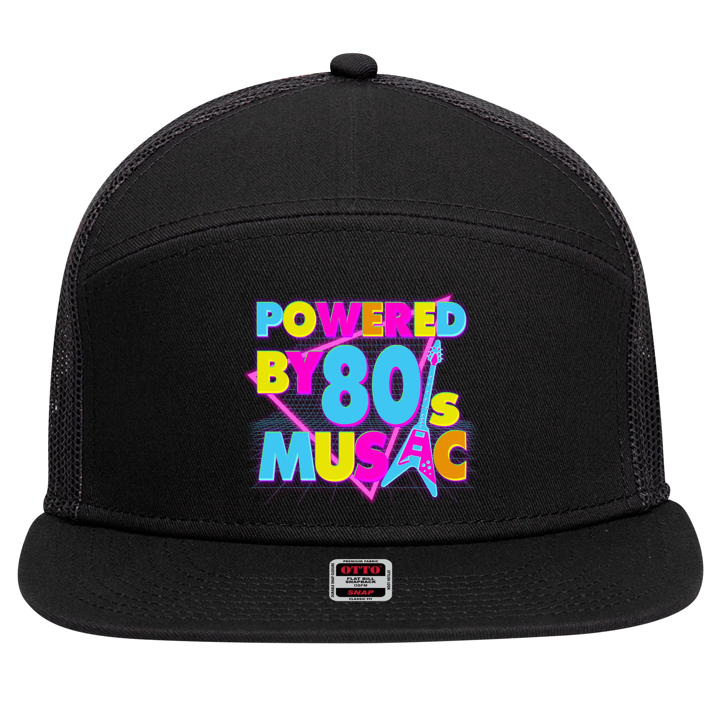 Cool Funny Retro Powered By 80's Music 7 Panel Mesh Trucker Snapback Hat