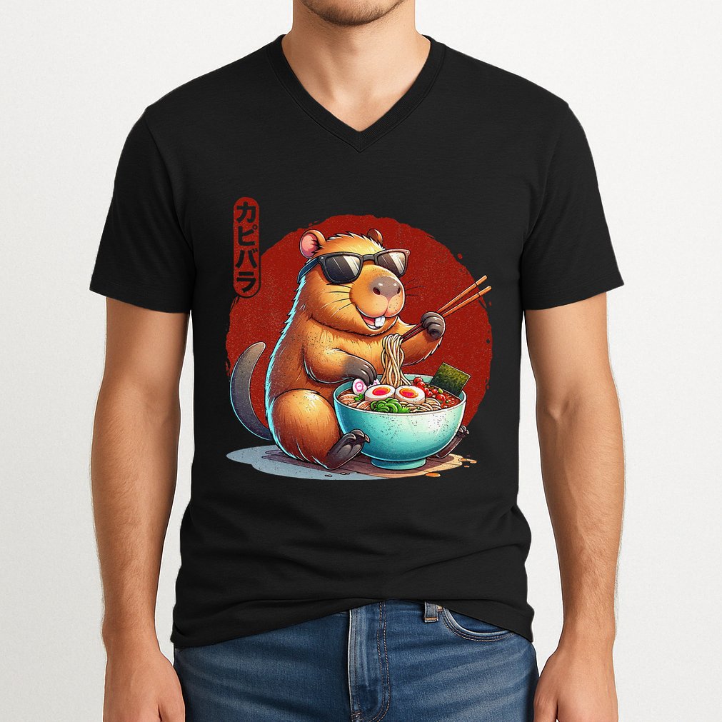 Capybara Funny Ramen Capybara Rodent Kawaii Anime V-Neck T-Shirt