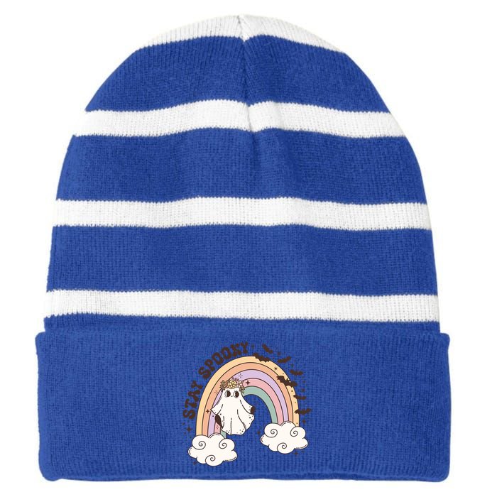 Cute Funny Retro Halloween Ghost Spooky Season Stay Spooky Meaningful Gift Striped Beanie with Solid Band