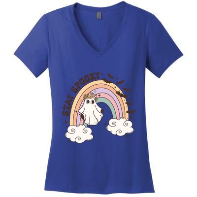 Cute Funny Retro Halloween Ghost Spooky Season Stay Spooky Meaningful Gift Women's V-Neck T-Shirt