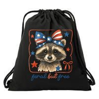 Coquette Funny Raccoon 4th Of July Patriotic Feral But Free Drawstring Bag