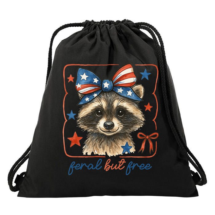 Coquette Funny Raccoon 4th Of July Patriotic Feral But Free Drawstring Bag