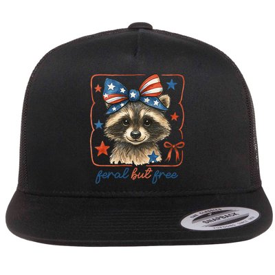 Coquette Funny Raccoon 4th Of July Patriotic Feral But Free Flat Bill Trucker Hat