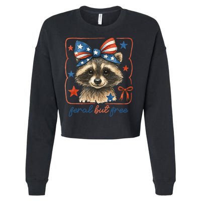 Coquette Funny Raccoon 4th Of July Patriotic Feral But Free Cropped Pullover Crew
