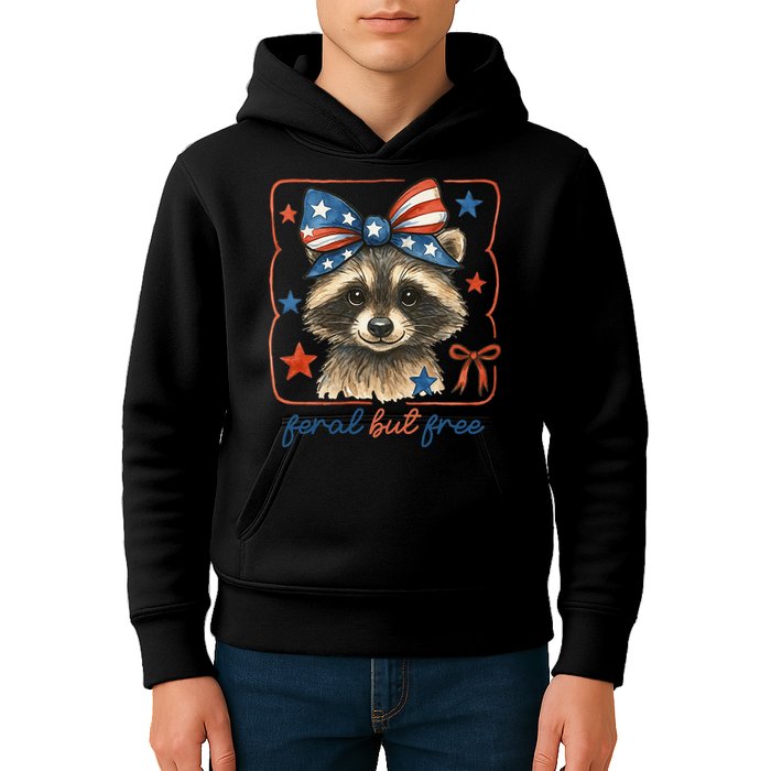 Coquette Funny Raccoon 4th Of July Patriotic Feral But Free Kids Hoodie