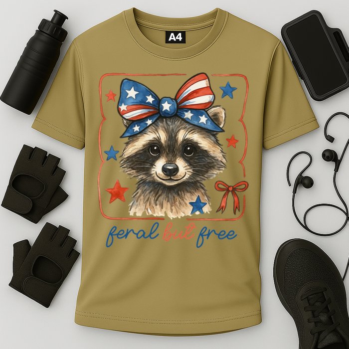 Coquette Funny Raccoon 4th Of July Patriotic Feral But Free Performance Shirt