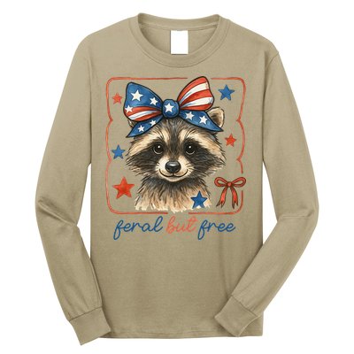 Coquette Funny Raccoon 4th Of July Patriotic Feral But Free Long Sleeve Shirt