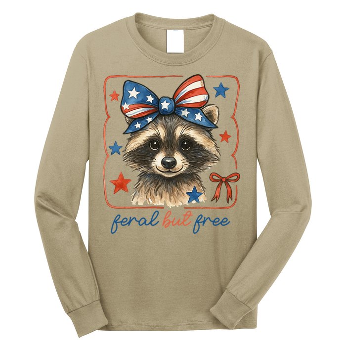 Coquette Funny Raccoon 4th Of July Patriotic Feral But Free Long Sleeve Shirt