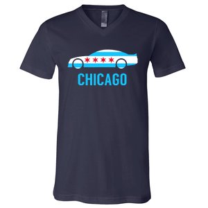 Chicago Flag Race Car V-Neck T-Shirt