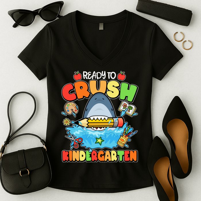Cute Funny Ready To Crush Kindergarten School Shark Women's V-Neck T-Shirt