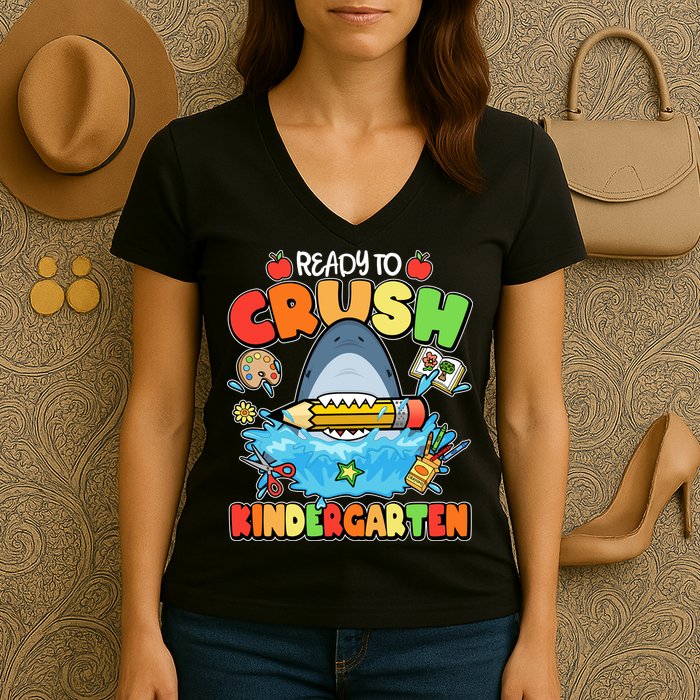 Cute Funny Ready To Crush Kindergarten School Shark Women's V-Neck T-Shirt