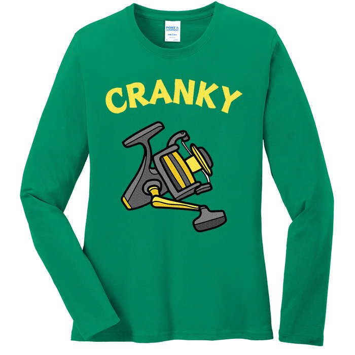 Cranky Fishing Reel Pun Humor Fishermen Ladies Long Sleeve Shirt