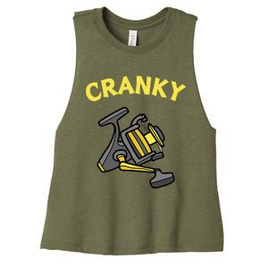 Cranky Fishing Reel Pun Humor Fishermen Women's Racerback Cropped Tank