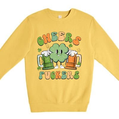 Cheers Fuckers Retro Beer Drinking Team Lucky Clover Saint Patrick's Day Premium Crewneck Sweatshirt