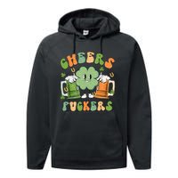 Cheers Fuckers Retro Beer Drinking Team Lucky Clover Saint Patrick's Day Performance Fleece Hoodie