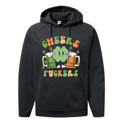 Cheers Fuckers Retro Beer Drinking Team Lucky Clover Saint Patrick's Day Performance Fleece Hoodie