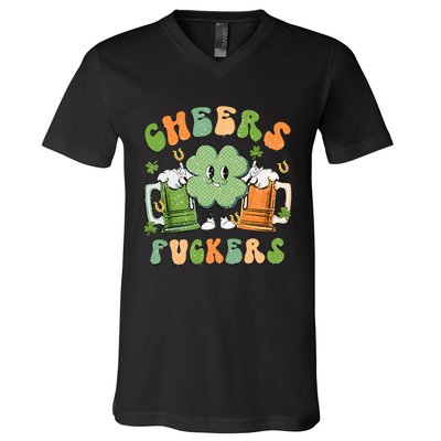 Cheers Fuckers Retro Beer Drinking Team Lucky Clover Saint Patrick's Day V-Neck T-Shirt