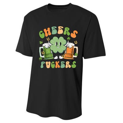 Cheers Fuckers Retro Beer Drinking Team Lucky Clover Saint Patrick's Day Performance Sprint T-Shirt