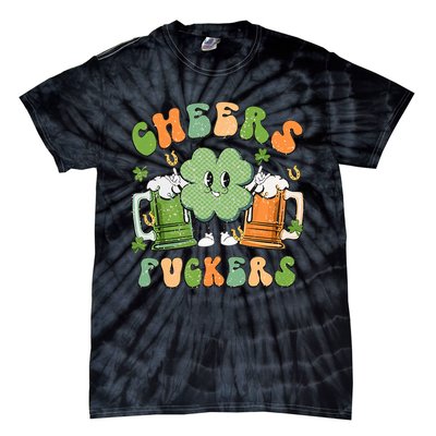 Cheers Fuckers Retro Beer Drinking Team Lucky Clover Saint Patrick's Day Tie-Dye T-Shirt