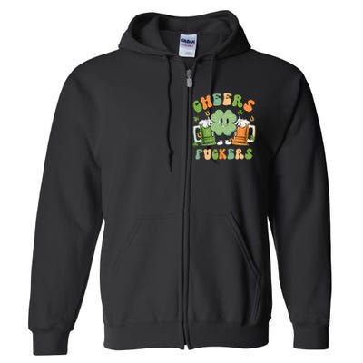 Cheers Fuckers Retro Beer Drinking Team Lucky Clover Saint Patrick's Day Full Zip Hoodie