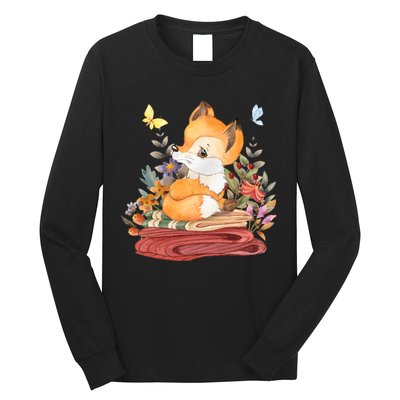 Cute Floral Restful Fox Butterfly Long Sleeve Shirt