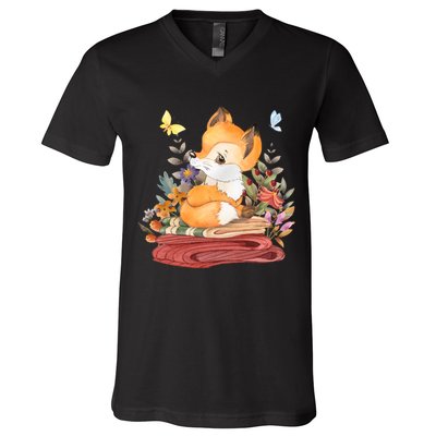 Cute Floral Restful Fox Butterfly V-Neck T-Shirt