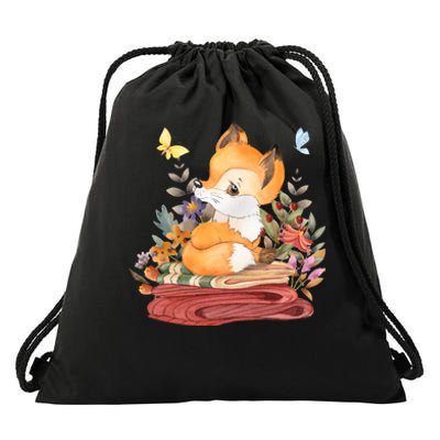 Cute Floral Restful Fox Butterfly Drawstring Bag