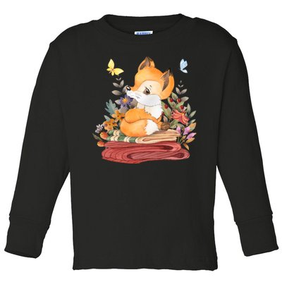 Cute Floral Restful Fox Butterfly Toddler Long Sleeve Shirt