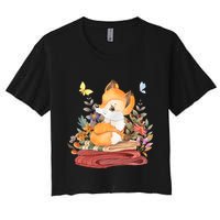 Cute Floral Restful Fox Butterfly Women's Crop Top Tee
