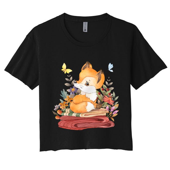 Cute Floral Restful Fox Butterfly Women's Crop Top Tee