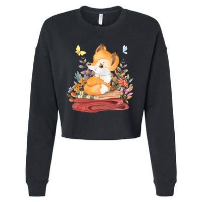 Cute Floral Restful Fox Butterfly Cropped Pullover Crew