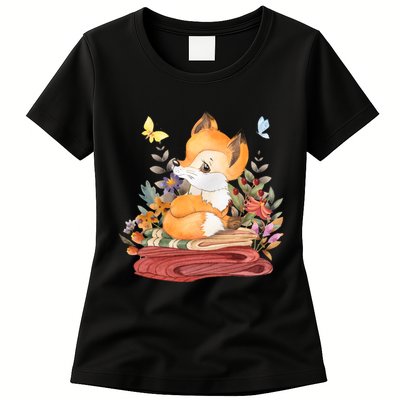 Cute Floral Restful Fox Butterfly Womens T-Shirt