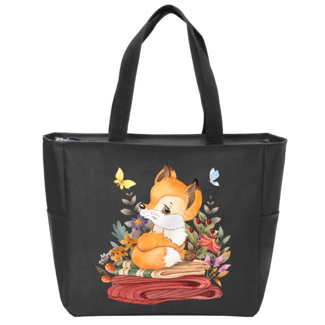 Cute Floral Restful Fox Butterfly Zip Tote Bag