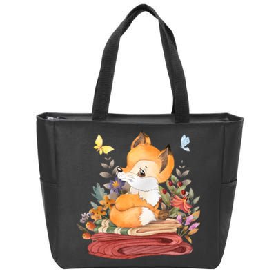 Cute Floral Restful Fox Butterfly Zip Tote Bag