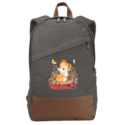 Cute Floral Restful Fox Butterfly Cotton Canvas Backpack