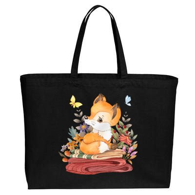 Cute Floral Restful Fox Butterfly Cotton Canvas Jumbo Tote