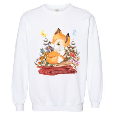 Cute Floral Restful Fox Butterfly Garment-Dyed Sweatshirt