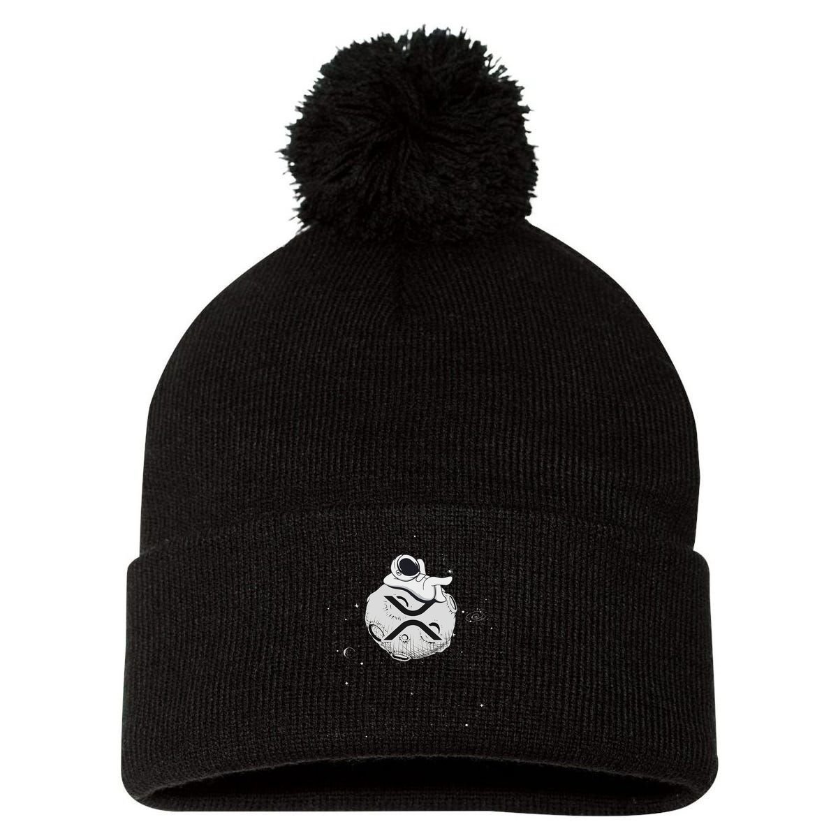 Cryptocurrency Fun Relaxing Space Man On Xrp Crypto Moon Pom Pom 12in Knit Beanie