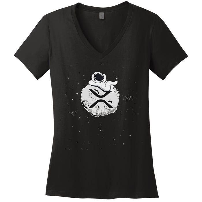 Cryptocurrency Fun Relaxing Space Man On Xrp Crypto Moon Women's V-Neck T-Shirt