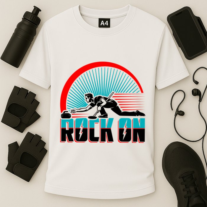 Cool Funny Rock On USA Curling Team Sports Fan Cooling Performance Crew T-Shirt
