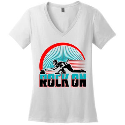 Cool Funny Rock On USA Curling Team Sports Fan Women's V-Neck T-Shirt