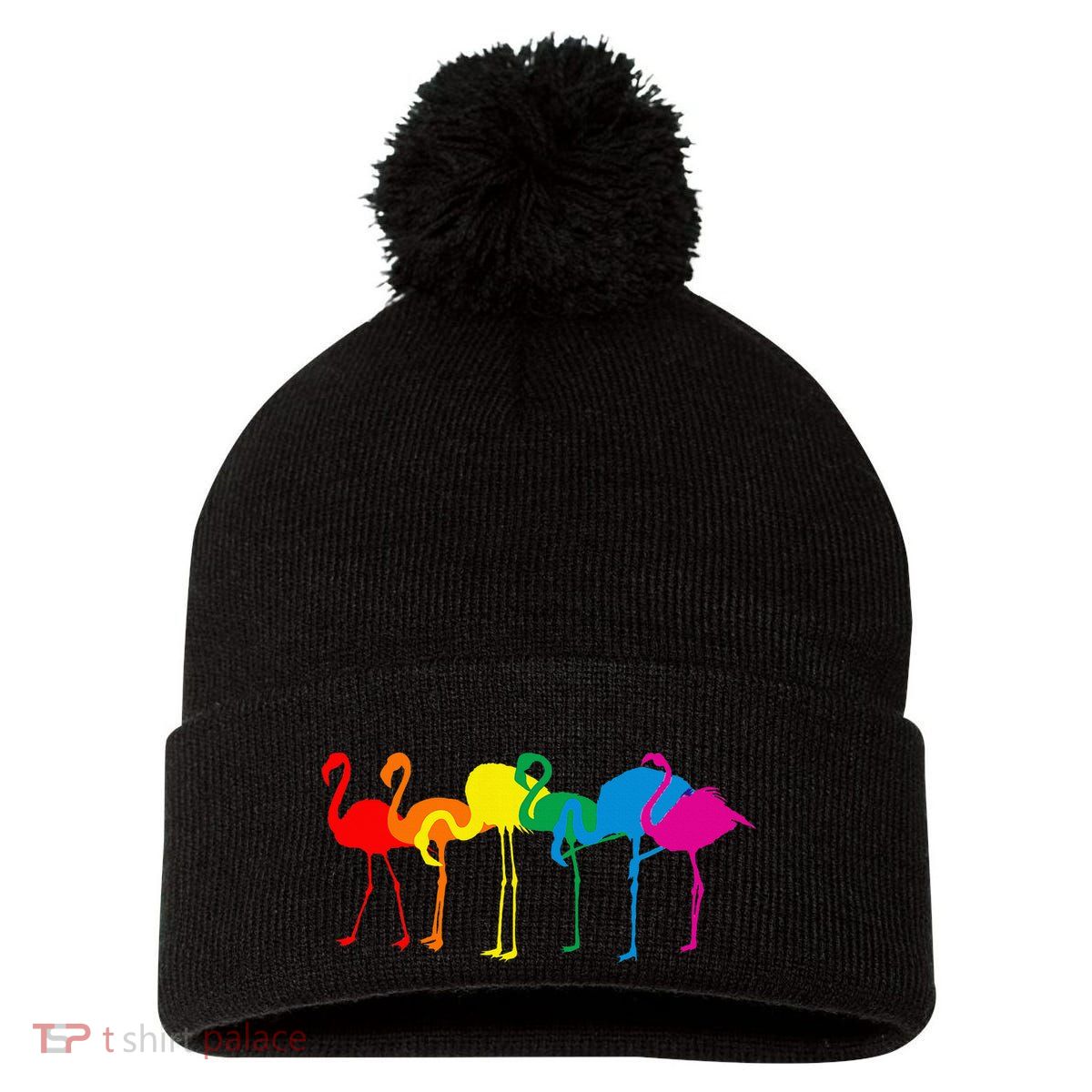 Cute Flamingo Rainbow Flamingo Pom Pom 12in Knit Beanie