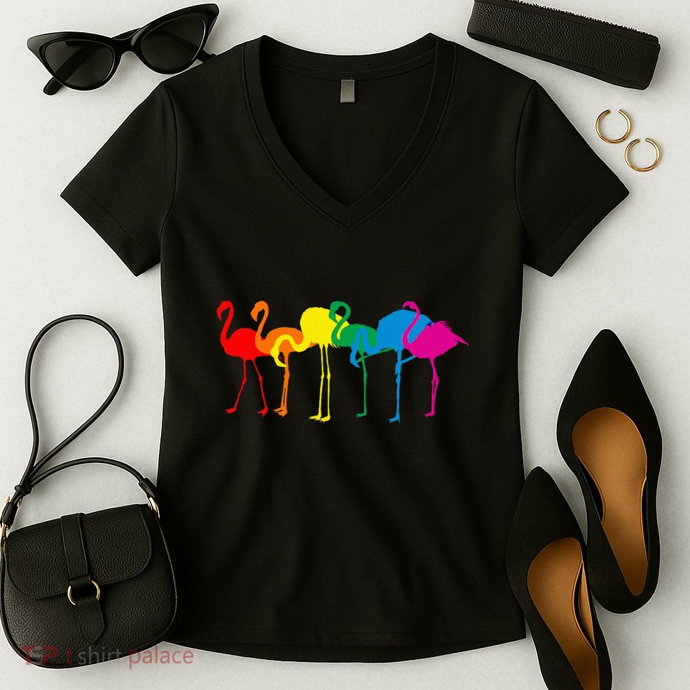 Cute Flamingo Rainbow Flamingo Women's V-Neck T-Shirt