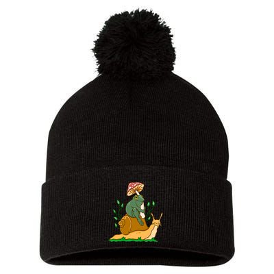 Cute Frog Riding A Snail A Whimsical Illustration Pom Pom 12in Knit Beanie