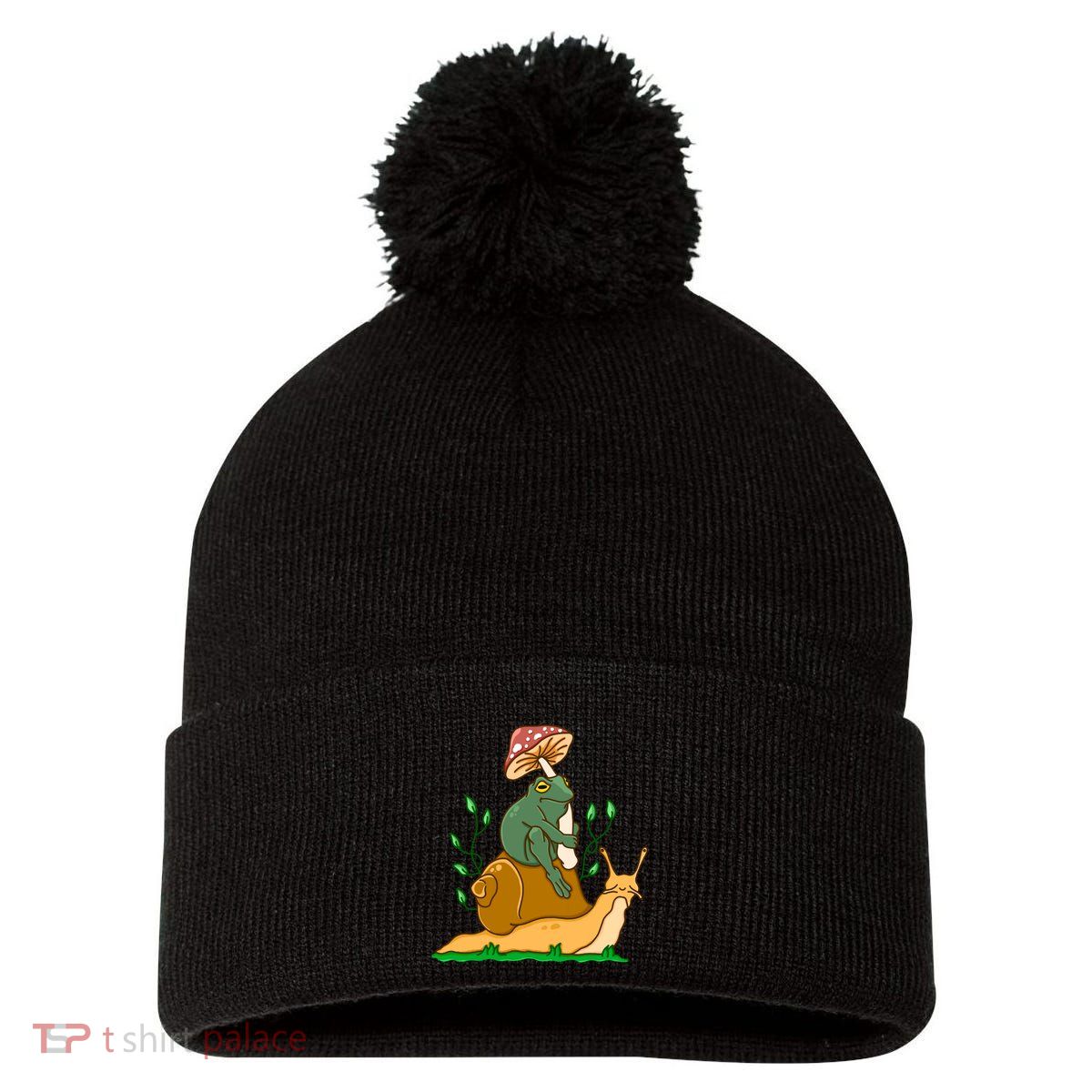 Cute Frog Riding A Snail A Whimsical Illustration Pom Pom 12in Knit Beanie